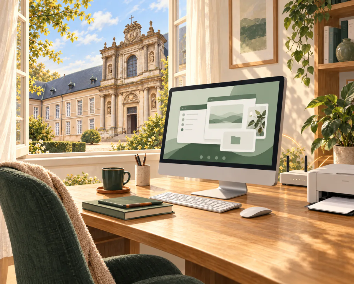 Illustration d’un ordinateur et d’une imprimante à la maison, avec la chartreuse de Bosserville à Art-sur-Meurthe visible par la fenêtre.