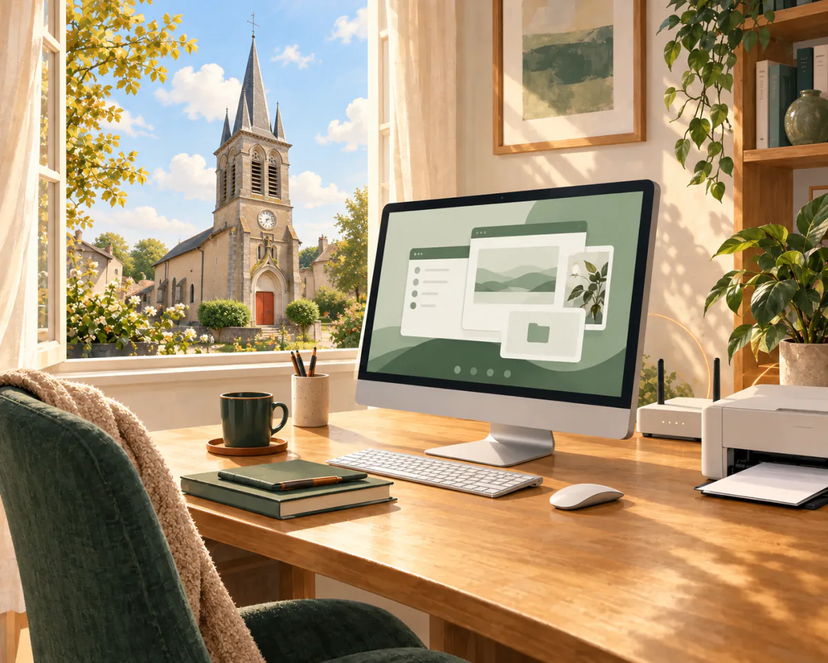 Illustration d’un ordinateur et d’une imprimante à la maison, avec l’église Saint-Laurent d’Azelot visible par la fenêtre.
