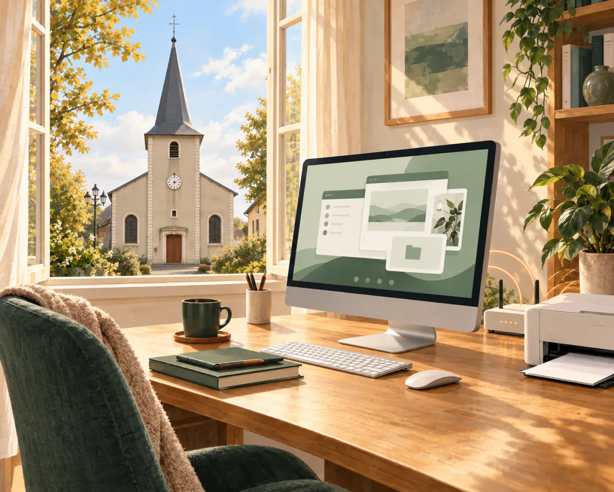 Illustration d’un ordinateur et d’une imprimante à la maison, avec l’église Saint-Martin de Bainville-sur-Madon visible par la fenêtre.