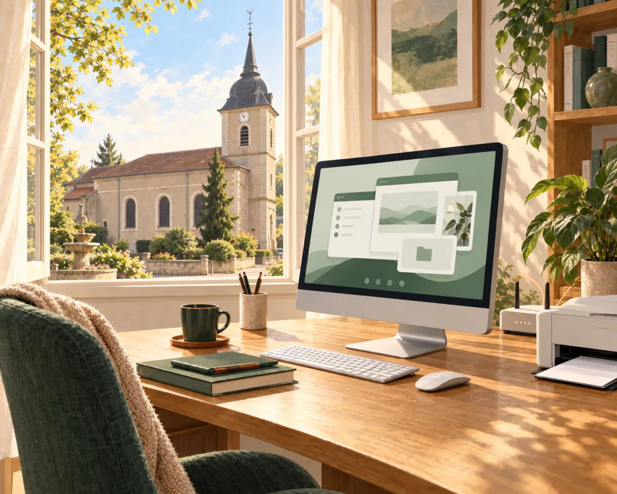 Illustration d’un ordinateur et d’une imprimante à la maison, avec l’église Saint-Blaise de Chavigny visible par la fenêtre.