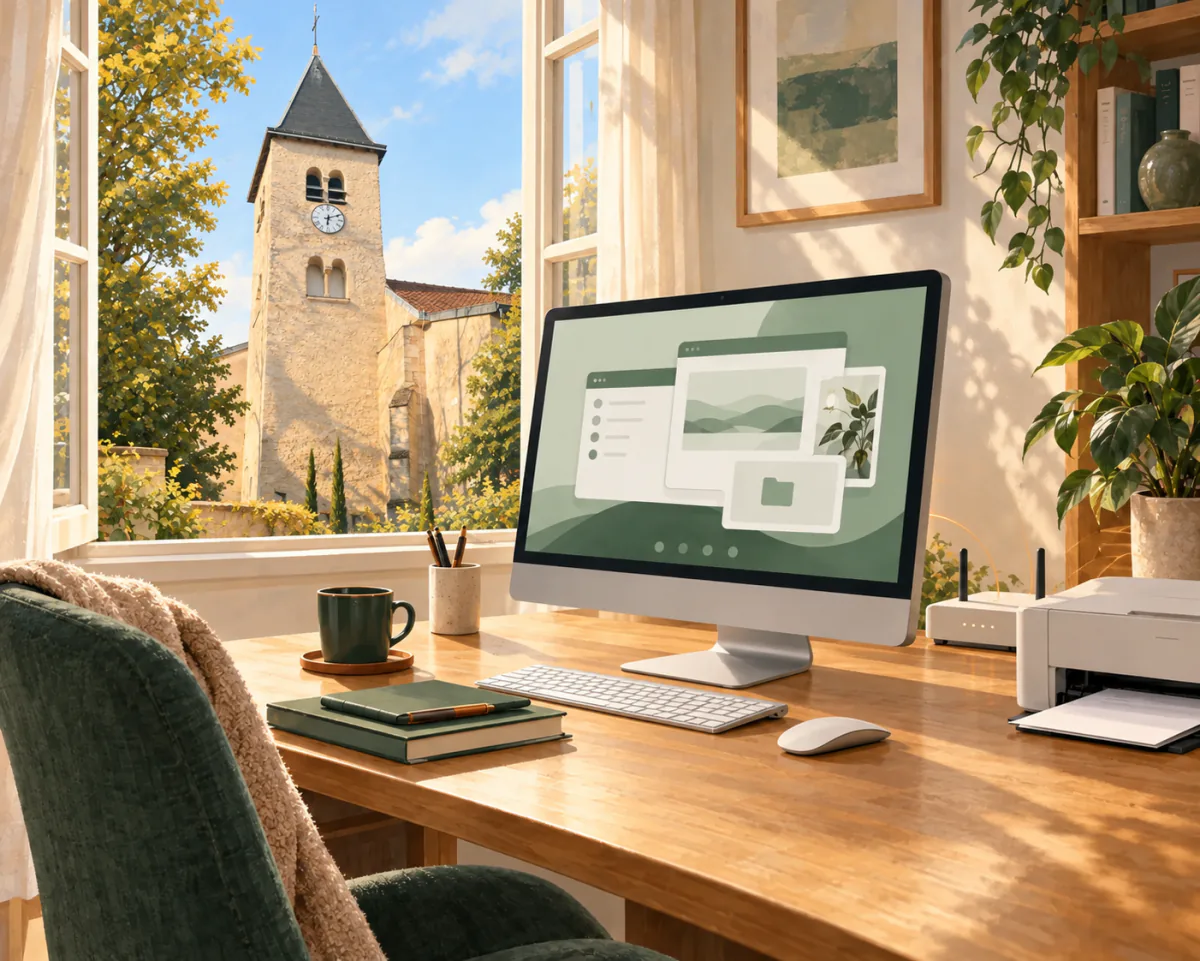 Illustration d’un ordinateur et d’une imprimante à la maison, avec le clocher de l’église Saint-Georges à Essey-lès-Nancy visible par la fenêtre.