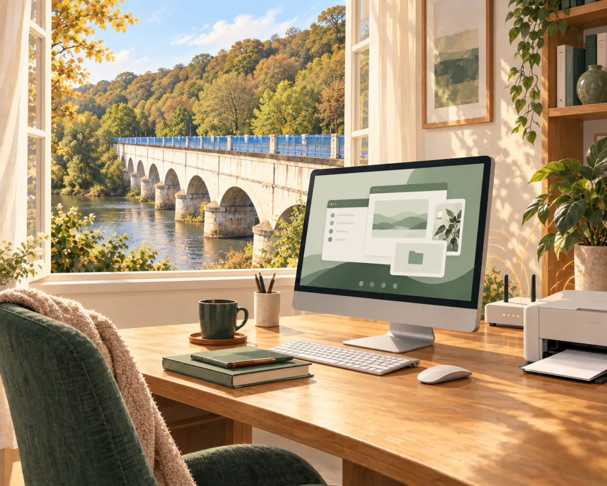 Illustration d’un ordinateur et d’une imprimante à la maison, avec le pont-canal de Flavigny-sur-Moselle visible par la fenêtre.