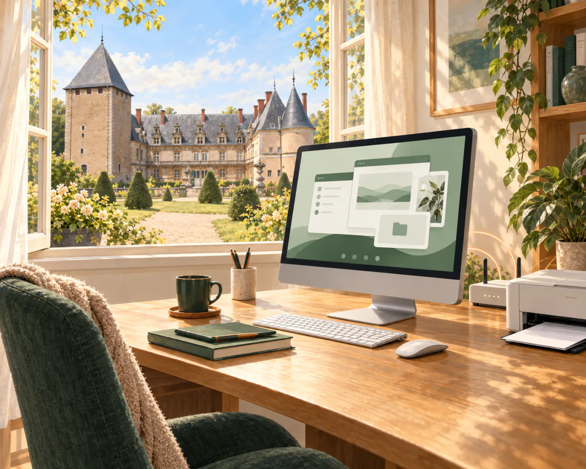 Illustration d’un ordinateur et d’une imprimante à la maison, avec une vue sur le château de Fléville-devant-Nancy.