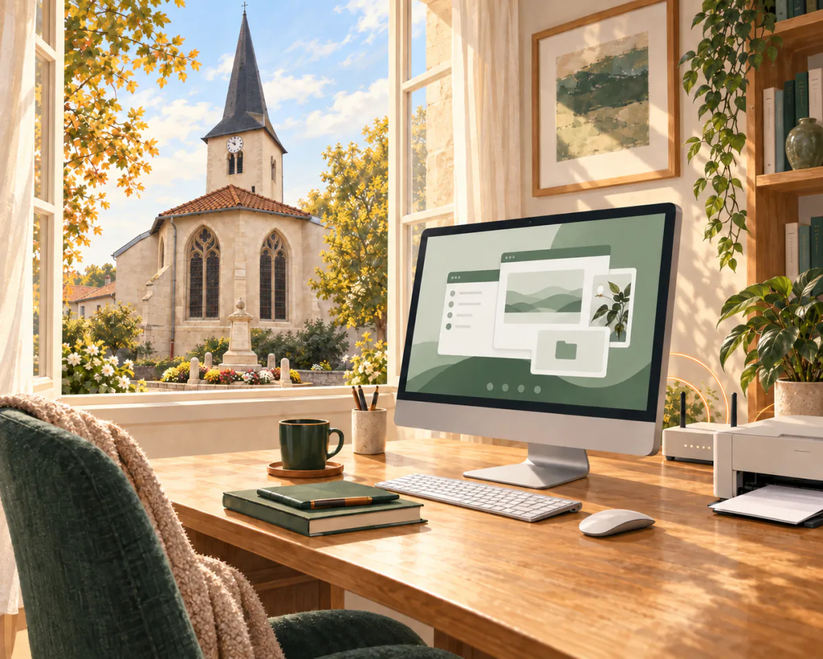 Illustration d’un ordinateur et d’une imprimante à la maison, avec le chevet de l’église Saint-Martin de Frolois visible par la fenêtre.