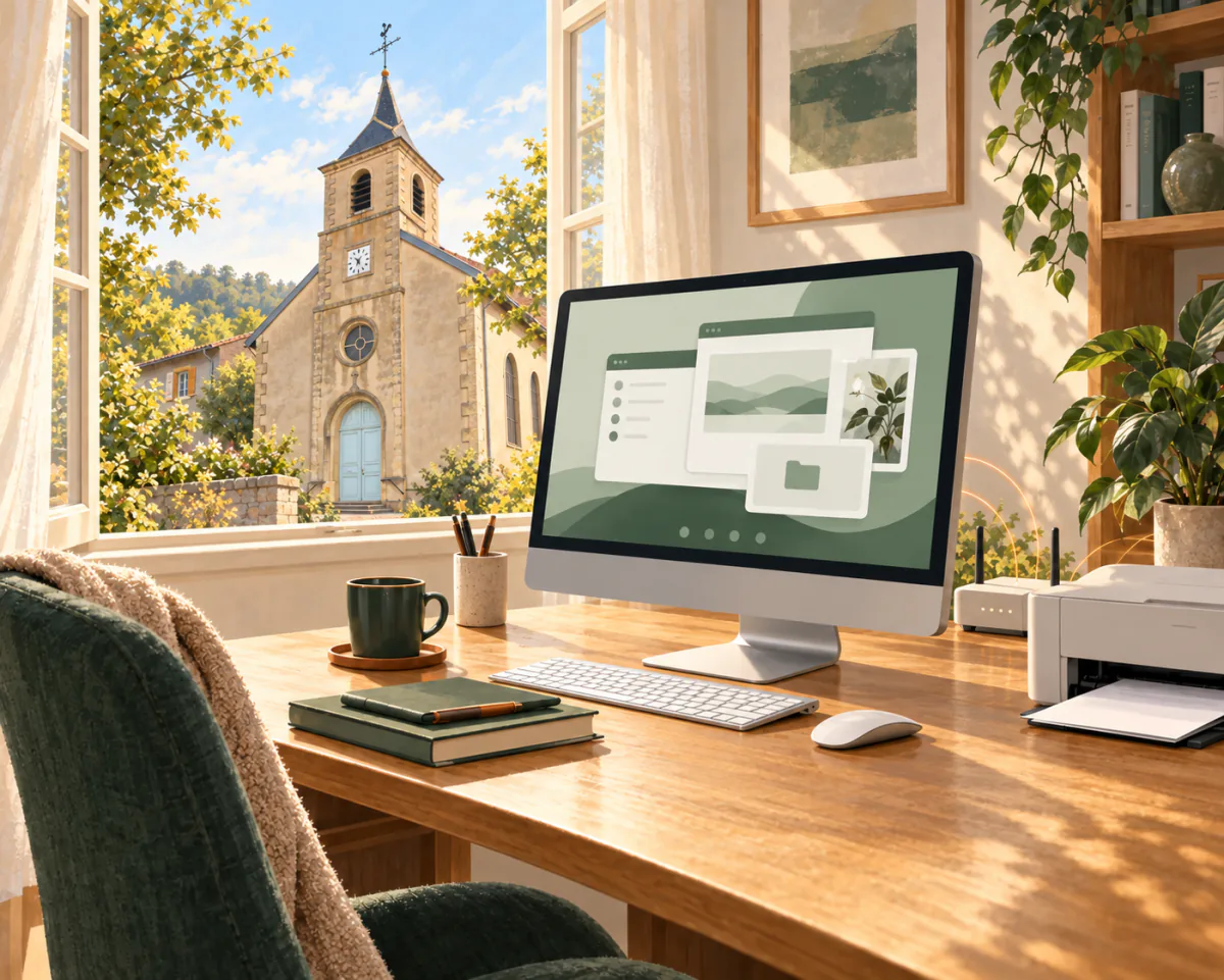 Illustration d’un ordinateur et d’une imprimante à la maison, avec l’église Saint-Goëric de Houdemont visible par la fenêtre.