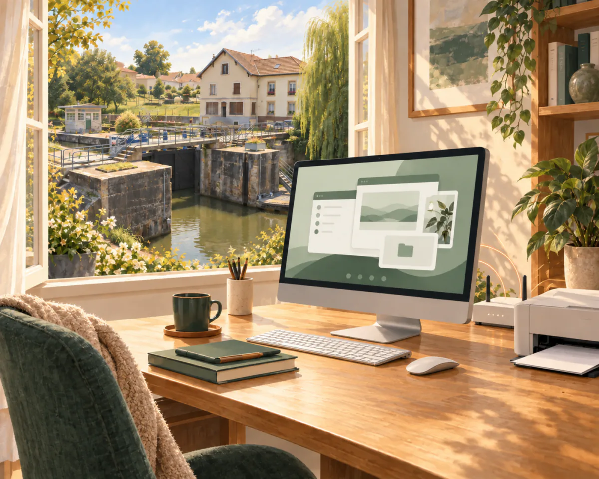 Illustration d’un ordinateur et d’une imprimante à la maison, avec l’écluse du canal de la Marne au Rhin à Laneuveville-devant-Nancy visible par la fenêtre.