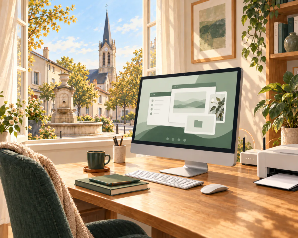 Illustration d’un ordinateur et d’une imprimante à la maison, avec l’église Saint-Genès et la fontaine de la place de la Liberté à Laxou.