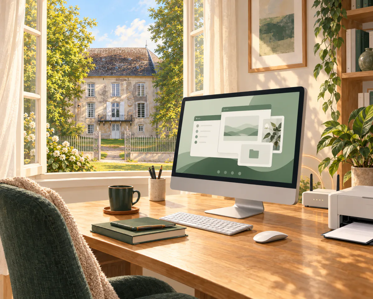 Illustration d’un ordinateur et d’une imprimante à la maison, avec le château de Lupcourt visible par la fenêtre.
