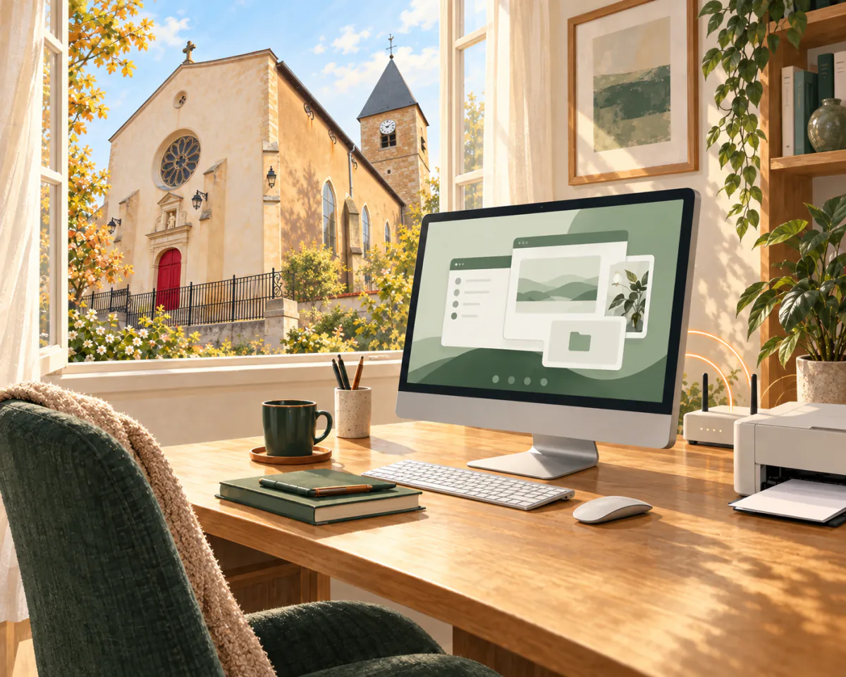 Illustration d’un ordinateur et d’une imprimante à la maison, avec l’église Saint-Martin de Malzéville visible par la fenêtre.