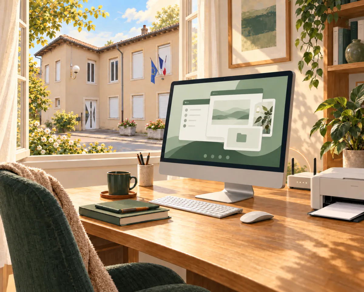 Illustration d’un ordinateur et d’une imprimante à la maison, avec la mairie de Manoncourt-en-Vermois visible par la fenêtre.