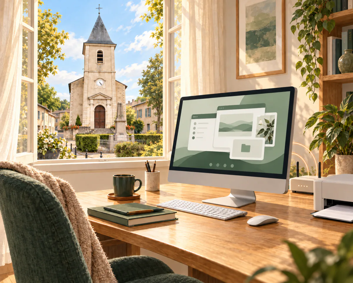 Illustration d’un ordinateur et d’une imprimante à la maison, avec l’église Saint-Gengoult et le monument aux morts de Maron visibles par la fenêtre.