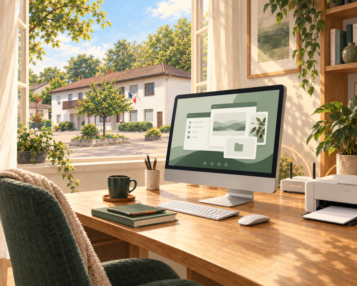 Illustration d’un ordinateur et d’une imprimante à la maison, avec la mairie de Messein visible par la fenêtre.
