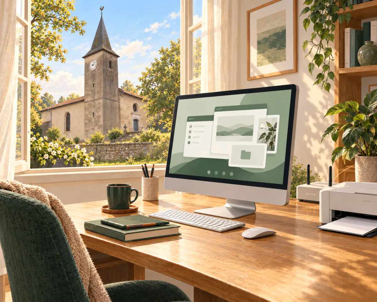 Illustration d’un ordinateur et d’une imprimante à la maison, avec l’église Saint-Léger de Pierreville visible par la fenêtre.
