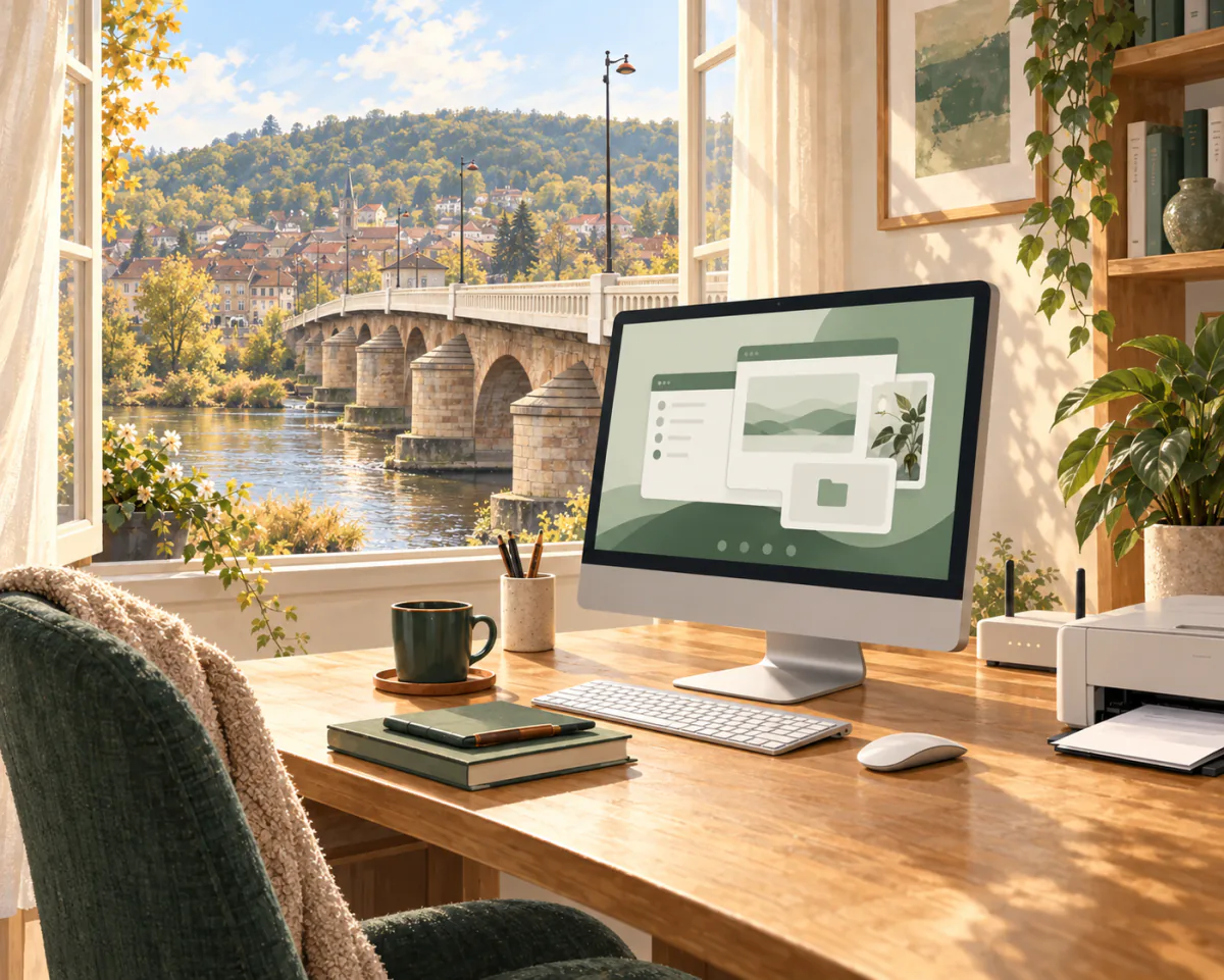 Illustration d’un ordinateur et d’une imprimante à la maison, avec le pont sur la Moselle et le bourg de Pont-Saint-Vincent visibles par la fenêtre.
