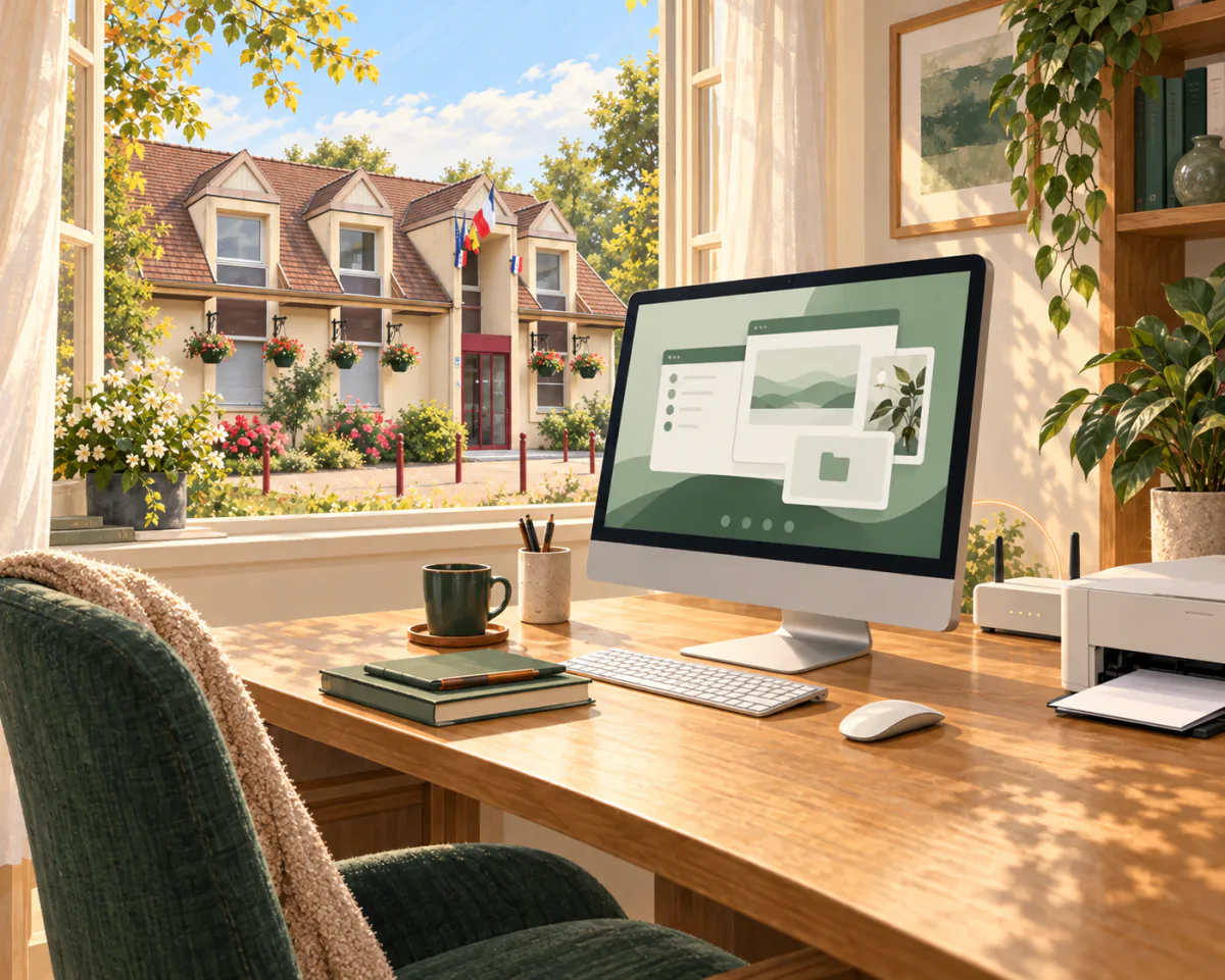 Illustration d’un ordinateur et d’une imprimante à la maison, avec la mairie de Richardménil visible par la fenêtre.