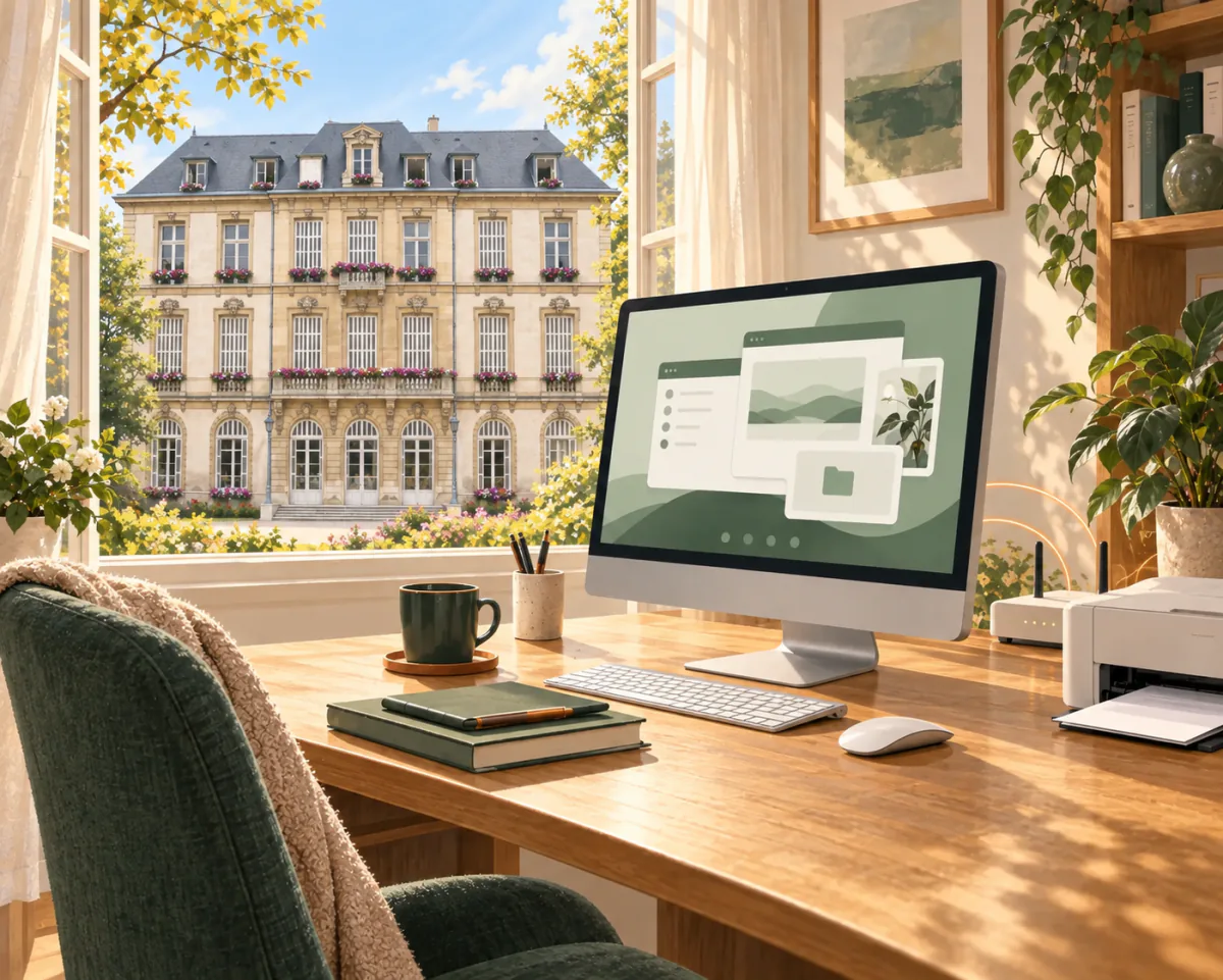 Illustration d’un ordinateur et d’une imprimante à la maison, avec le château du Pont de la Meurthe à Saint-Max visible par la fenêtre.