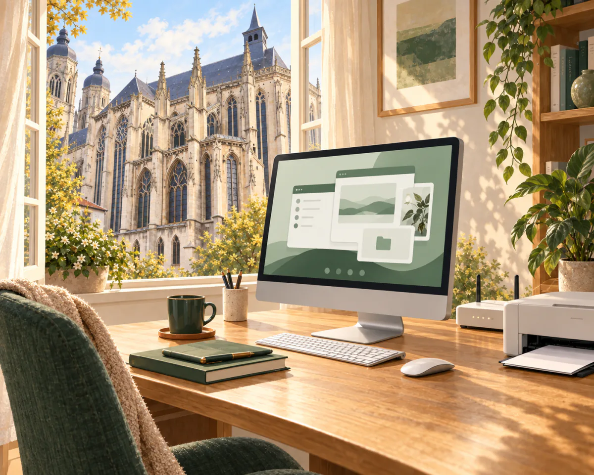 Illustration d’un ordinateur et d’une imprimante à la maison, avec le chœur de la basilique Saint-Nicolas à Saint-Nicolas-de-Port visible par la fenêtre.