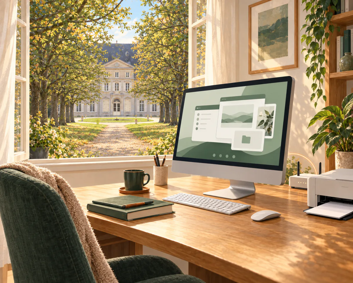 Illustration d’un ordinateur et d’une imprimante à la maison, avec le château de Saulxures-lès-Nancy au bout de son allée arborée visible par la fenêtre.