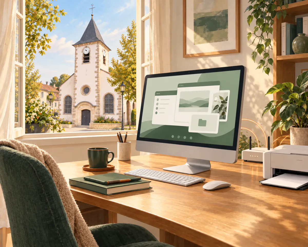 Illustration d’un ordinateur et d’une imprimante à la maison, avec l’église Saint-Lambert de Seichamps visible par la fenêtre.
