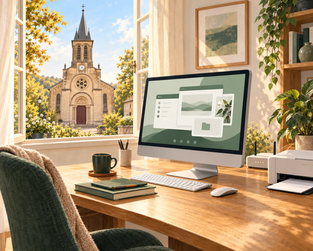 Illustration d’un ordinateur et d’une imprimante à la maison, avec l’église Saint-Mansuy de Sexey-aux-Forges visible par la fenêtre.