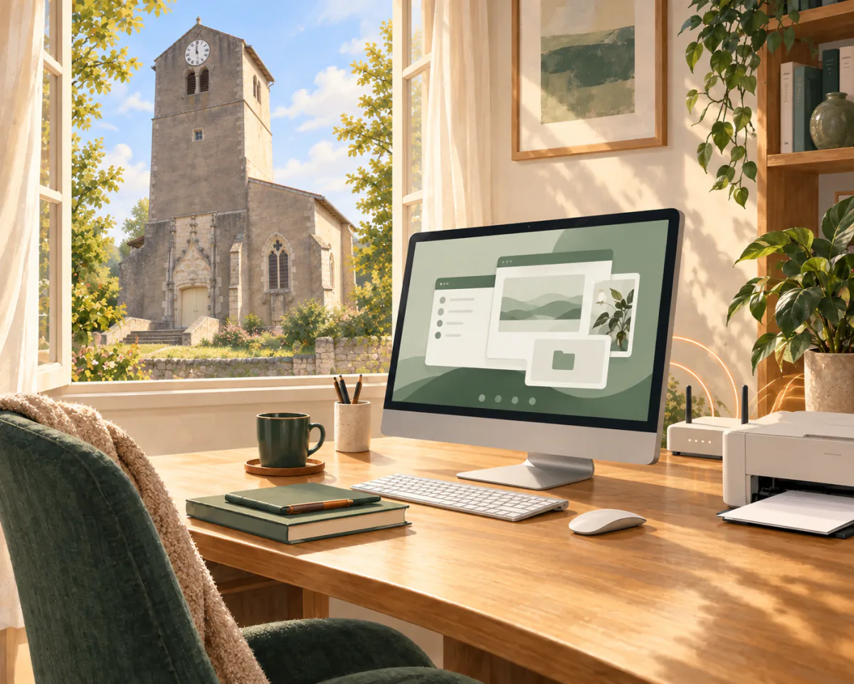 Illustration d’un ordinateur et d’une imprimante à la maison, avec l’église Saint-Laurent de Tonnoy visible par la fenêtre.