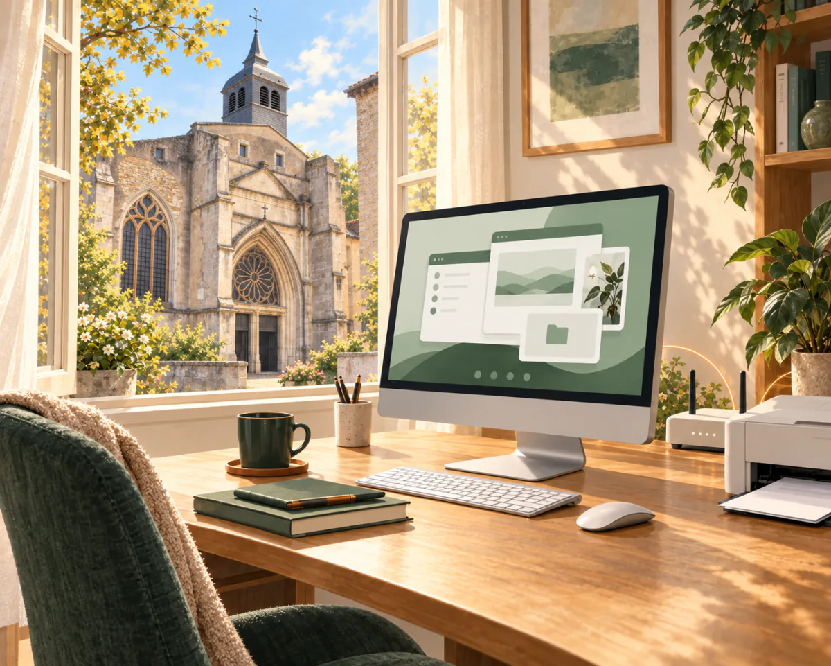 Illustration d’un ordinateur et d’une imprimante à la maison, avec l’église Saint-Gorgon de Varangéville visible par la fenêtre.