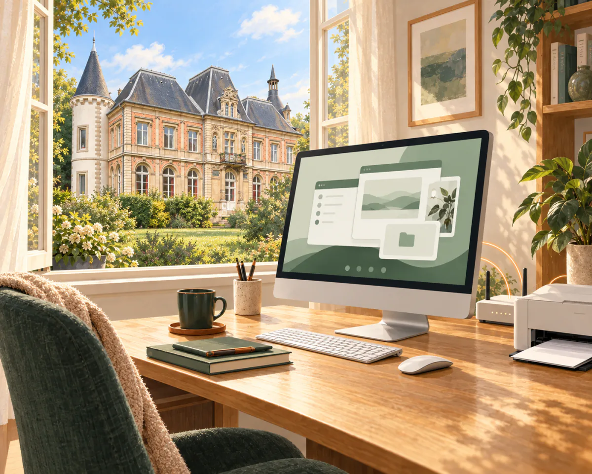 Illustration d’un ordinateur et d’une imprimante à la maison, avec le château de l’Asnée à Villers-lès-Nancy visible par la fenêtre.