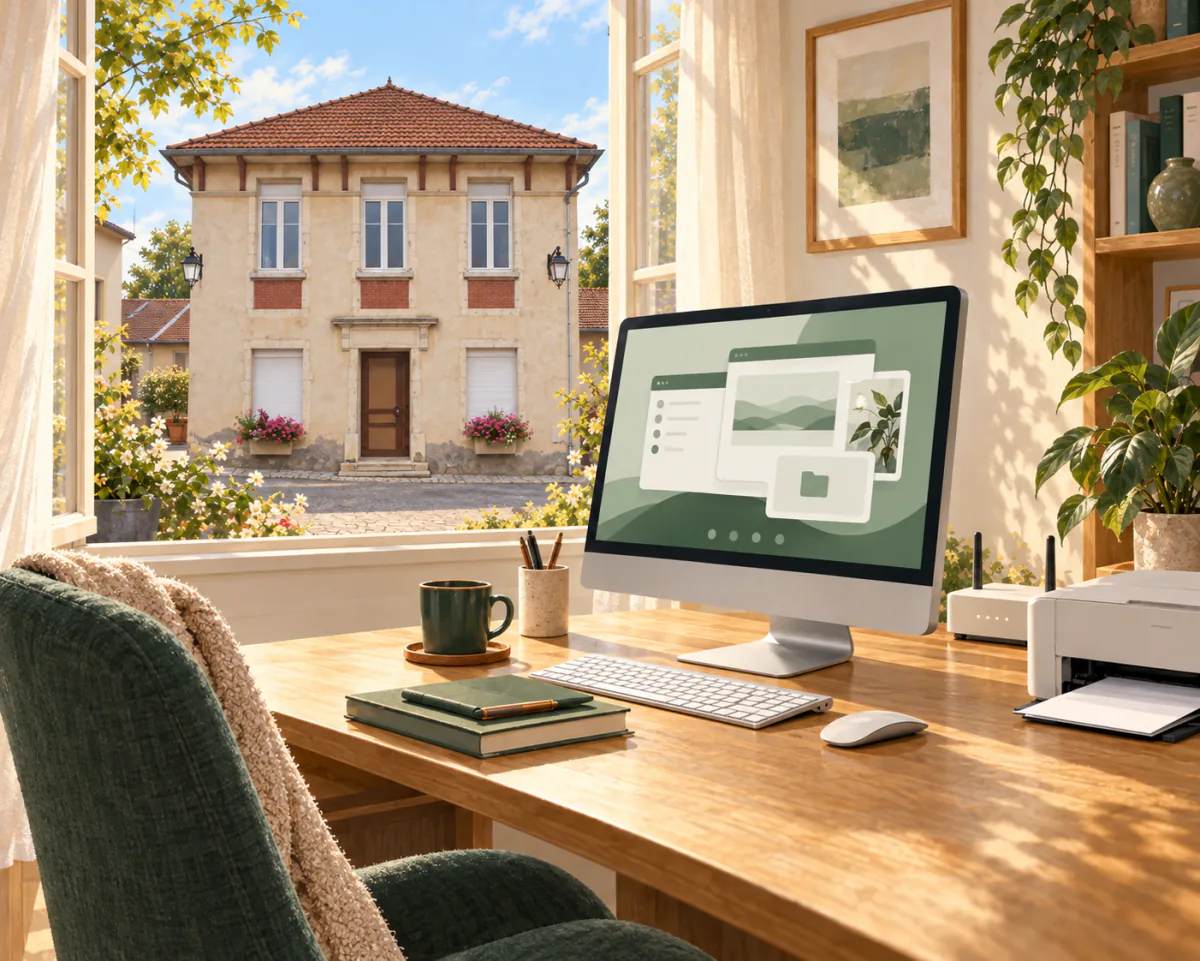 Illustration d’un ordinateur et d’une imprimante à la maison, avec la mairie de Viterne visible par la fenêtre.