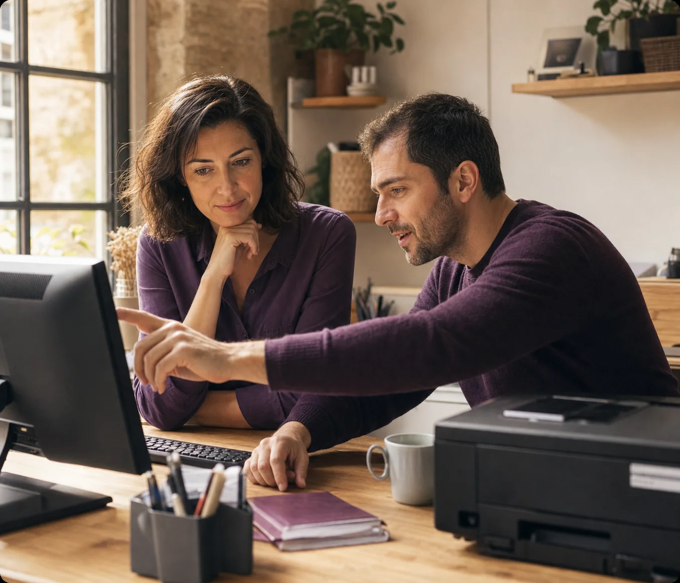 Deux professionnels devant un ordinateur dans leur espace de travail.